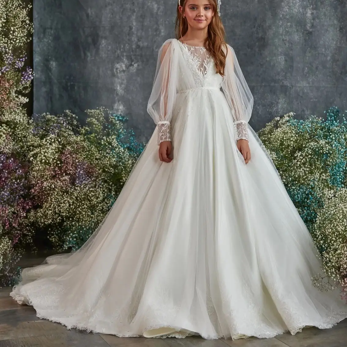 

Модные кружевные атласные платья Beloving с длинными рукавами, ТРАПЕЦИЕВИДНОЕ Цветочное платье для девочек на свадьбу, детское платье для конкурса, индивидуальный пошив