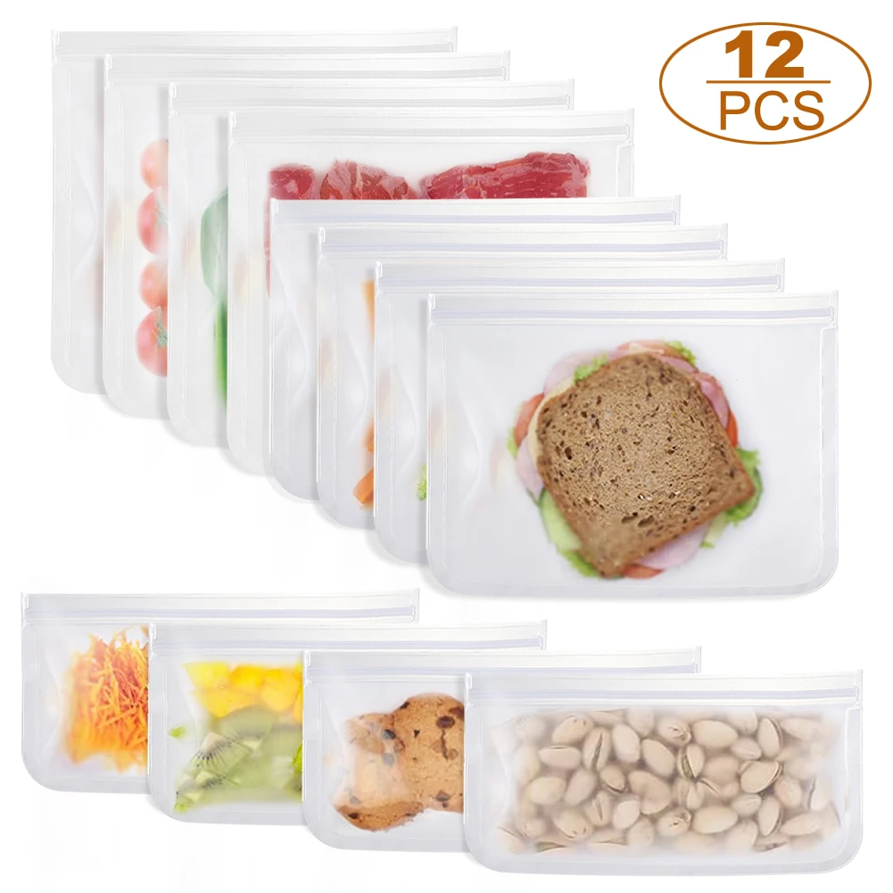 

12Pcs Reusable Food Storage Bags 3 Sizes BPA-Free Resealable Leakproof Food Container Bag Keep Fresh for Kitchen Organization