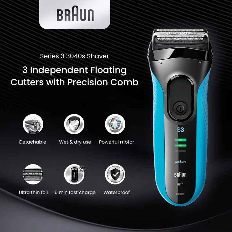 Фото Мужская электробритва Braun 3040S, перезаряжаемая электробритва, плавающее три лезвия, лезвие из нержавеющей стали для сухого и влажного бритья №1