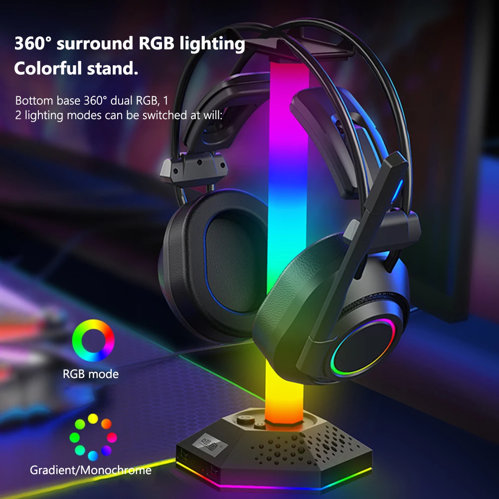 

2022 RGB Headphone Stand 12 Light Modes Desktop Headphone Display Holder with 2 USB ports 3.5mm Audio Special offer US EU KR