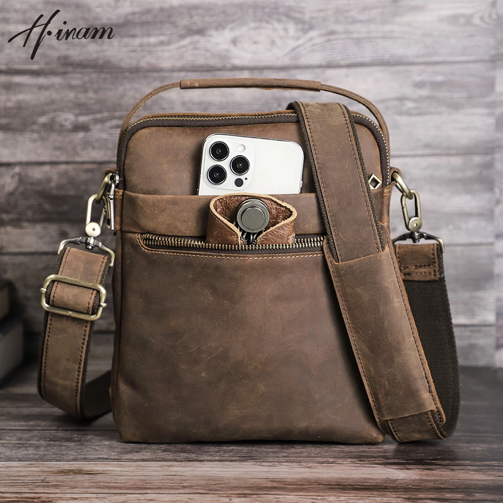 Retro Crary Horse Genuine Leather Men's Crossbody Shoulder Bags for ipad tablet 10 inch High quality Tote Business Messenger Bag