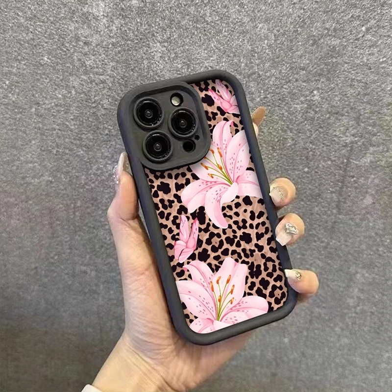 Фото Чехол для телефона с леопардовым принтом и розовыми лилиями для iPhone 17 16 Pro Max 11 13 12 14 15 8 7 Plus XS XR X 16E 17E, противоударный, из ТПУ №4