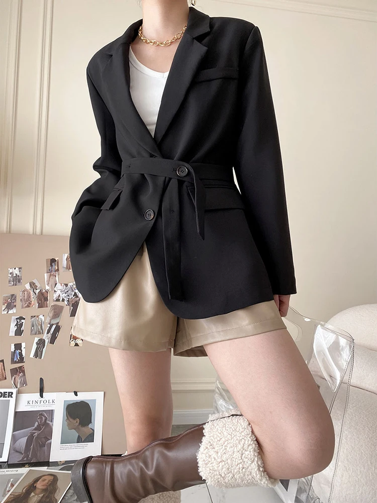LANMREM Однобортный блейзер с поясом для женщин 2022 Весна Осень Зубчатый Однотонный
