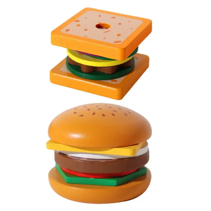 Деревянные штабелируемые игрушки для пищевых продуктов имитация бургер