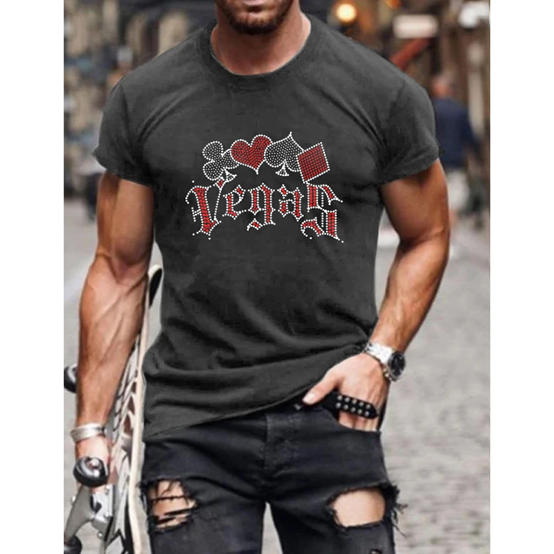 

Fashion Men's Clothing Oversized Tee y2k Lattice Rhinestone Designer Short Sleeve Tops Home Casual Street T-Shirt High Quality
