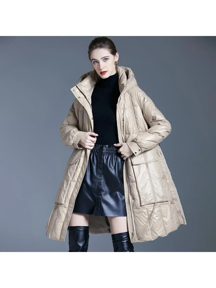 European Station 2022 Winter Long Hooded Thicked 90 White Duck Down Coats Women Black Loose Padded Warmer Cloth Jackets