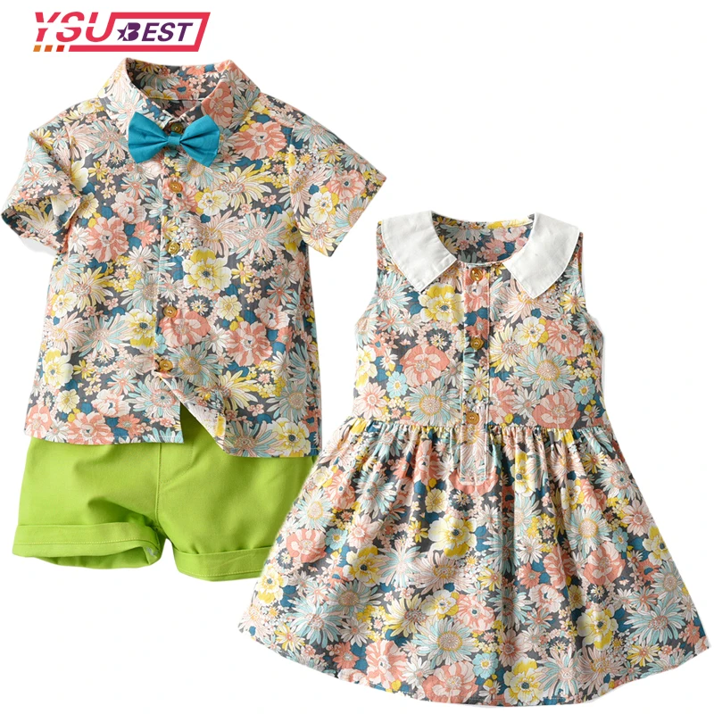 

Children Clothing Set Fashion Family Brother and Sister Toddler Matching Sets Boys Gentleman Suit+Princess Girls Dresses Flowers