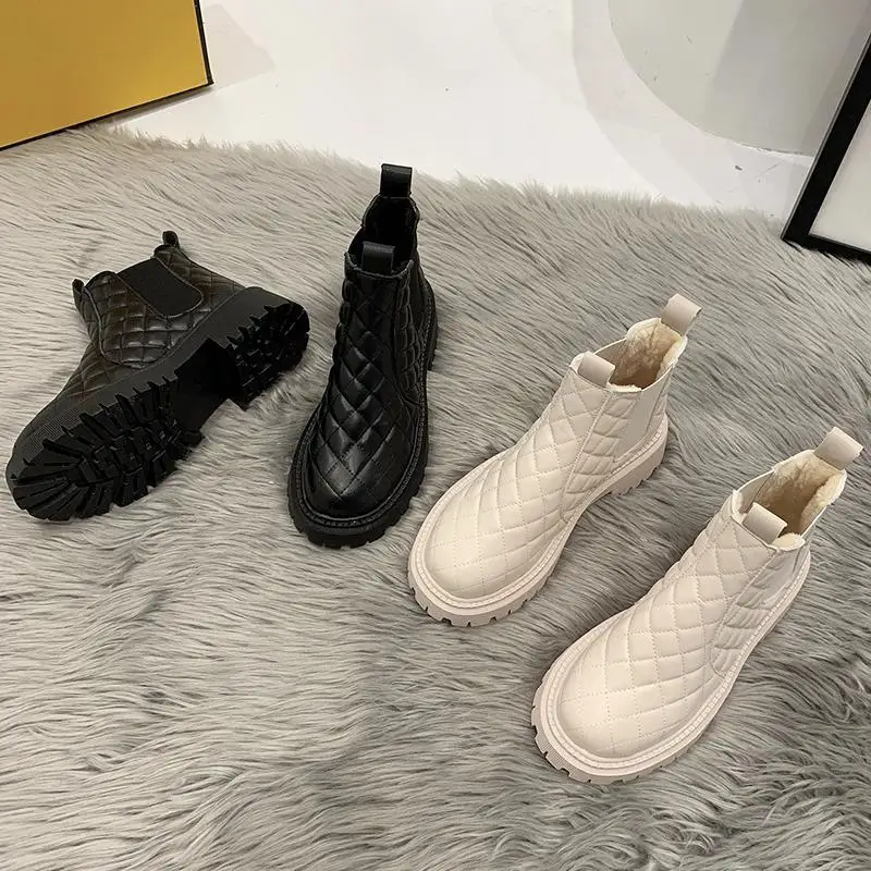 

Black Beige Women Boots Non-Slip Snow Boots Women Raise The Bottom Warm with Velvet Short Lattice Boots Platform Boots 2023 New