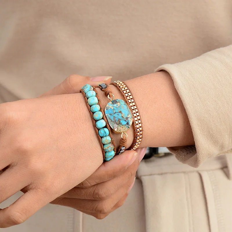 

ZG Bracelet for Women Bohemian Wind-cut Corner Turquoise Ornaments Three-layer Winding Hand-woven Leather String Female Bracelet