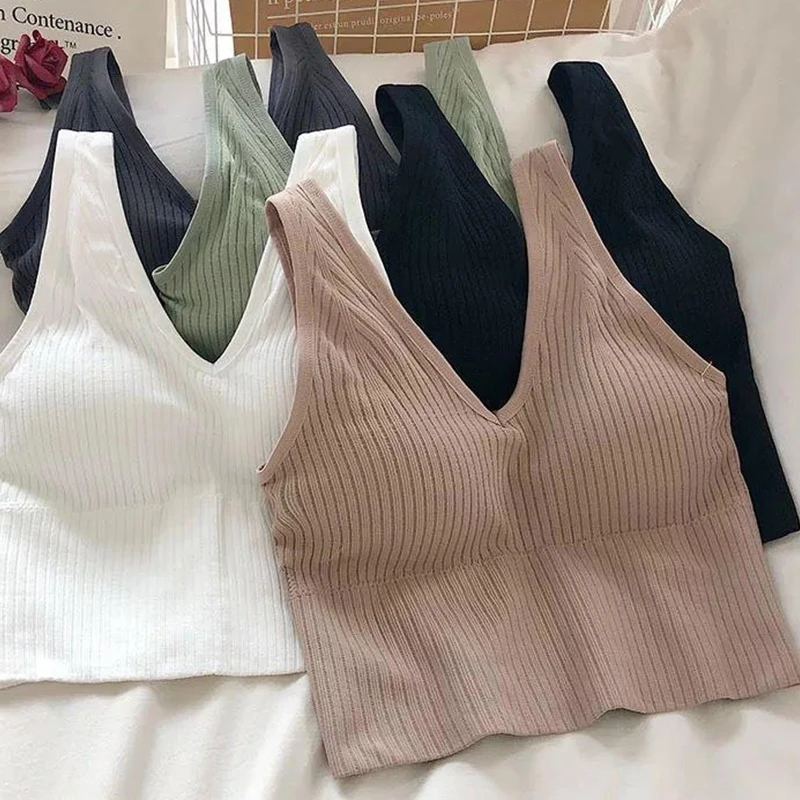 

One-Piece Seamless Crop Top Women Underwear Wire-Free U-Shaped Camisole Wide Straps Striped Solid Bralette Lingerie Tube Tops