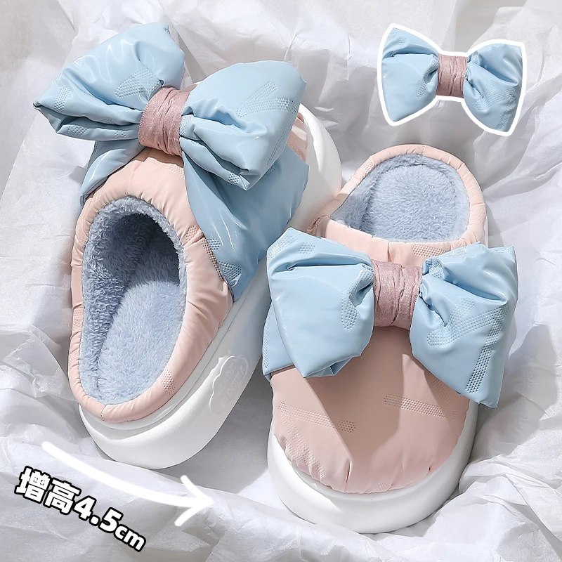 

Cartoon Bow-knot Women Slippers Winter Warm Plush Cotton Thick Bottom Soft Heel Non-slip Sole Waterproof Girls Ladies Home Shoes