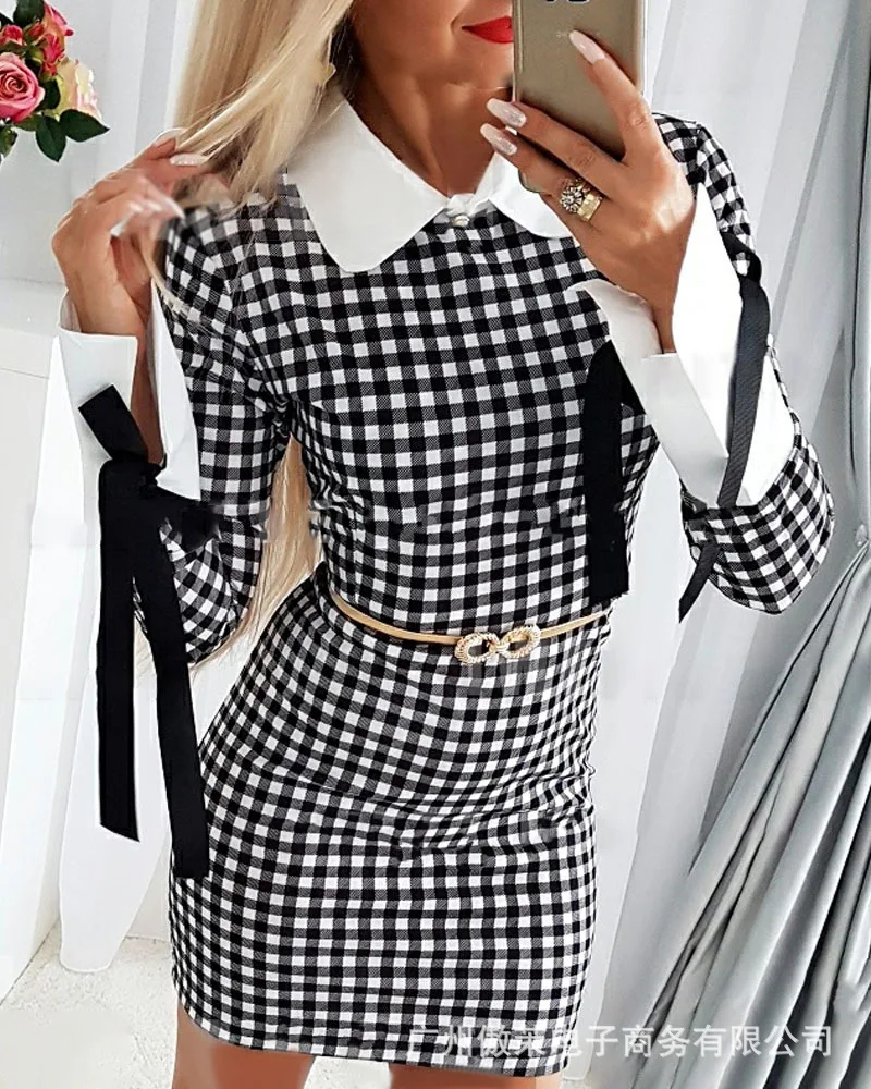 

Spot 2022 Women's Doll Collar Long-sleeved Dress Short New Plaid Lace-up Dress Women's