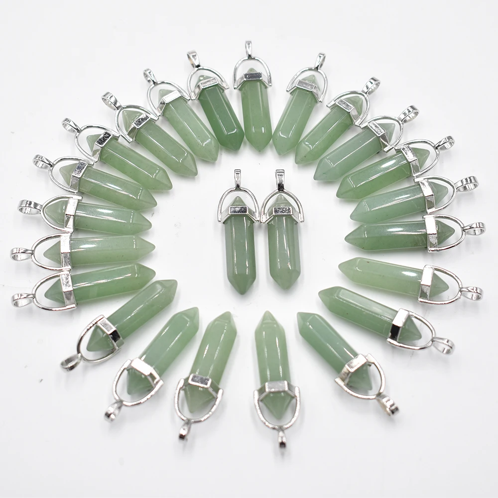 

Wholesale 24 50 100pcs/lot natural stone green aventurine pillar shape point Chakra charms pendant for jewelry making free