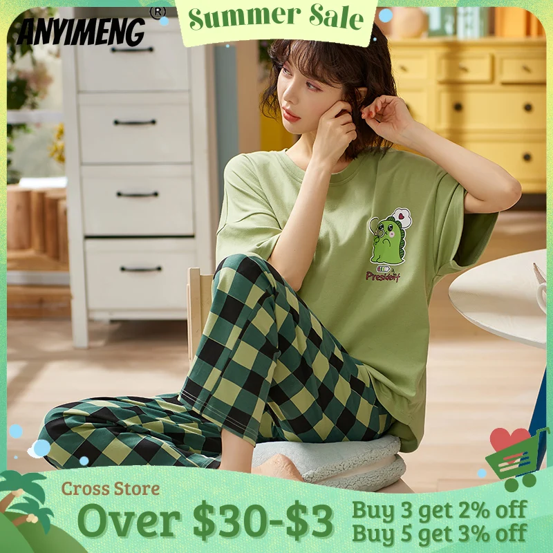 New Sleepwear Cartoon Cotton Pajamas for Women Long Pants Short Sleeved Summer Spring Loungewear  Fashion Home Clothing Homewear