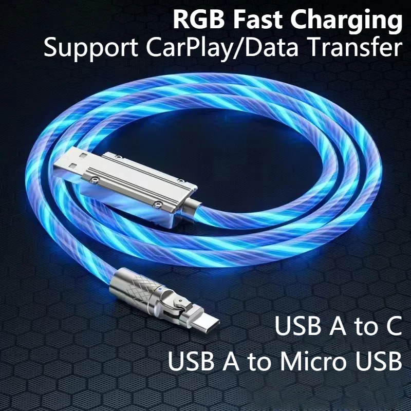 

66W Fast Charging Cable RGB Breathing Light Type C Micro USB Data Cable for Samsung Huawei Xiaomi Quick Charge Car Charge Cord