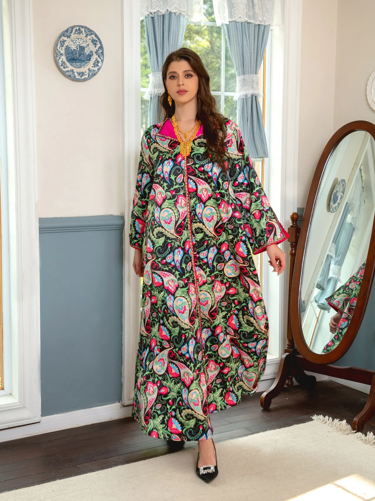 Muslim Women's 2023 Summer Abaya Long sleeved Women's Robe Printed Colorful Iron Diamond Fashion Light Luxury Women's Dress