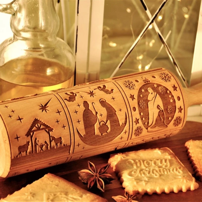 

New Style Embossing Rolling Pin Baking Cookies Noodle Biscuit Fondant Cake Dough Engraved Roller Wood Gifts 15 Colors