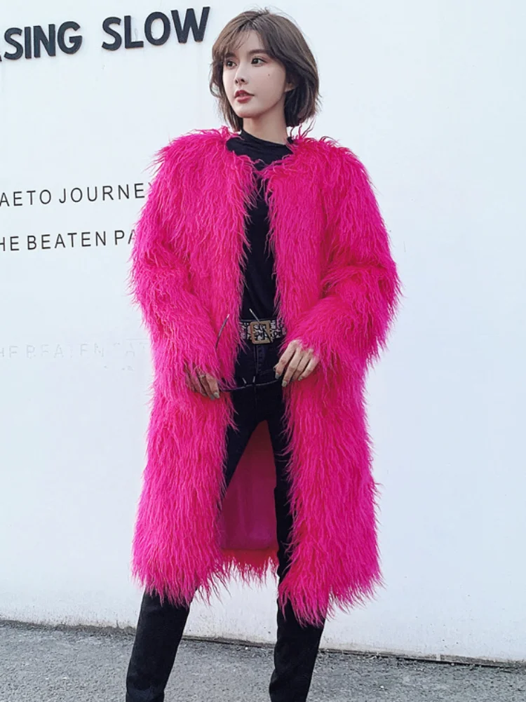

Женское длинное пальто из искусственного меха, розово-красное пальто с круглым вырезом и мехом ягненка, элегантная теплая верхняя одежда дл...