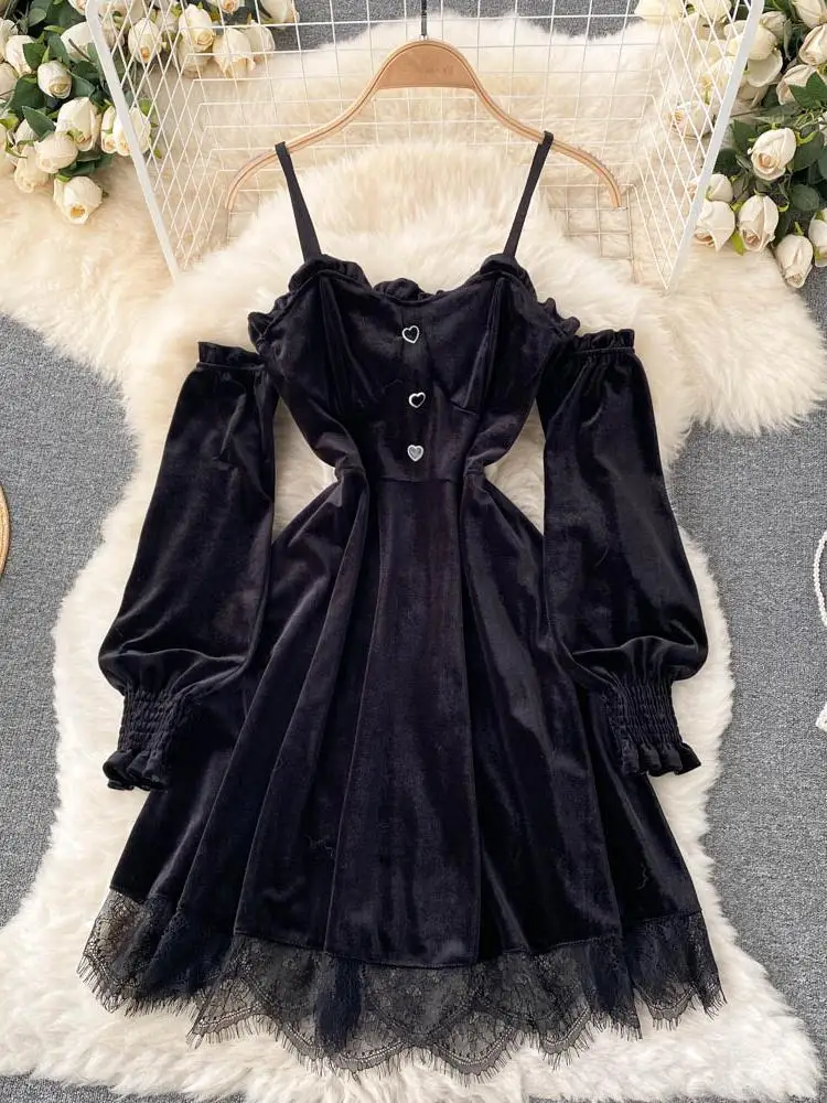 

ZCWXM Y2K Fashion Princess Black Mini Dress Women Off Shoulders High Waist Lace Patchwork Gothic Dress Korean Party Vestidos
