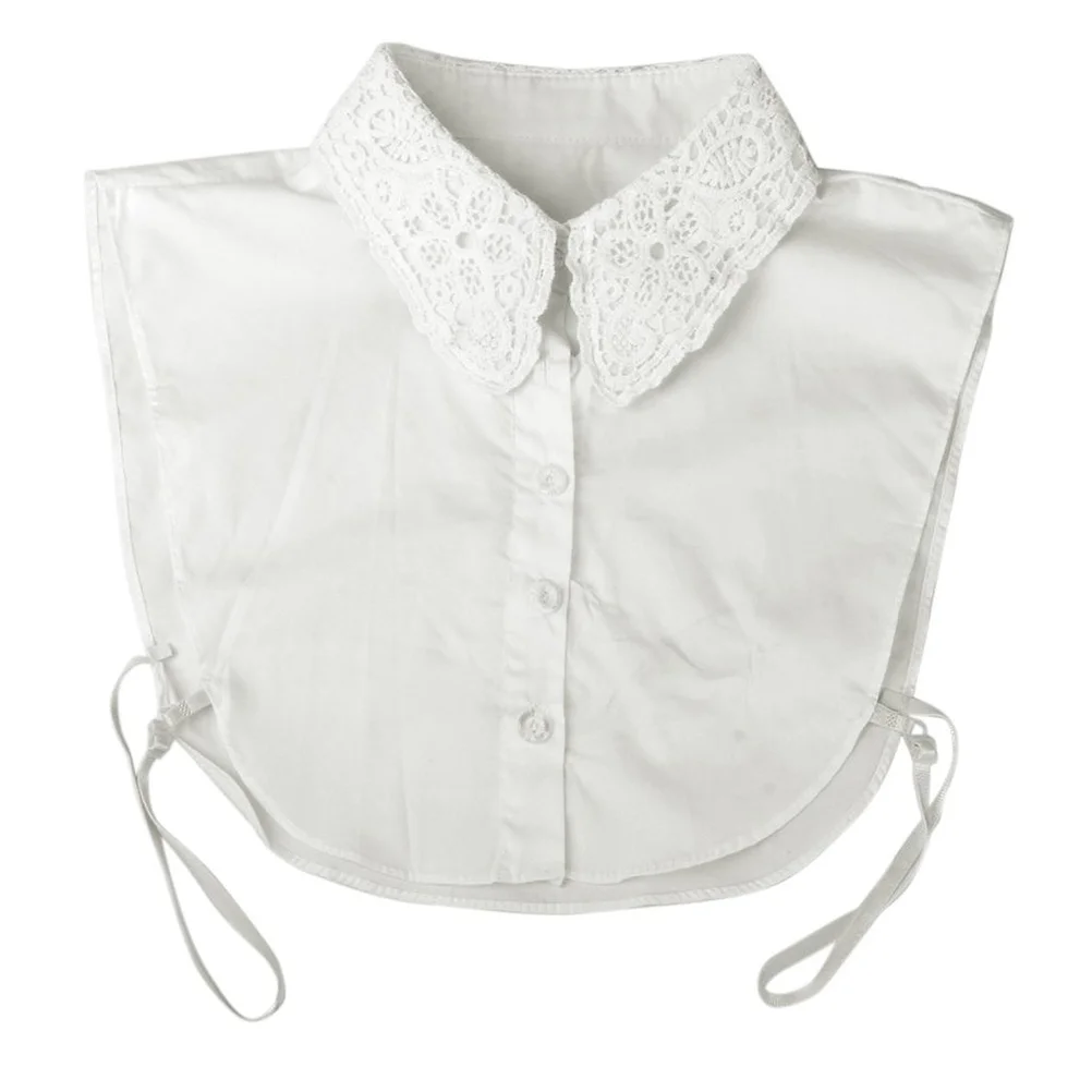 

Floral Neckline Detachable Collar Half Shirt Blouse (White)