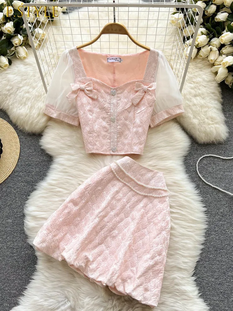 Korean Chic Summer Fashion Pretty Style Women Two-Piece Set High Quality Short Crop Top + Mini A-line Skirt Office Sweet Suit