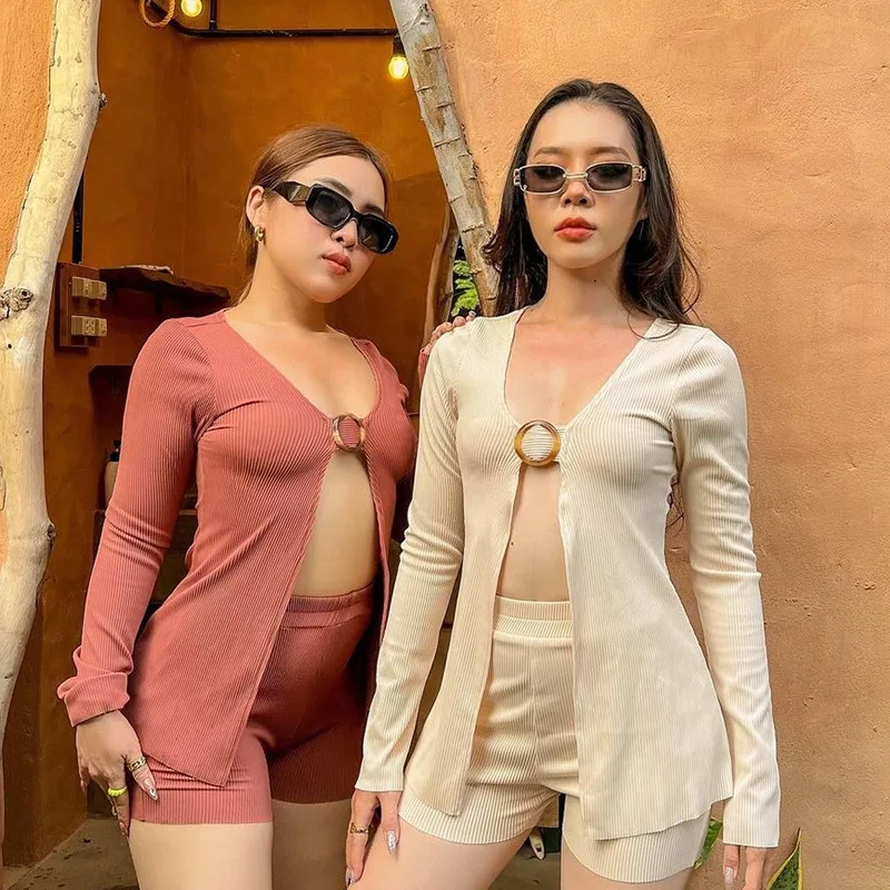 

BoozRey Long Sleeve Long Top Solid Color Slim Shorts Set Women's 2022 Fall Deep V Bottoming Streetwear Y2k Hollow Women Clothing