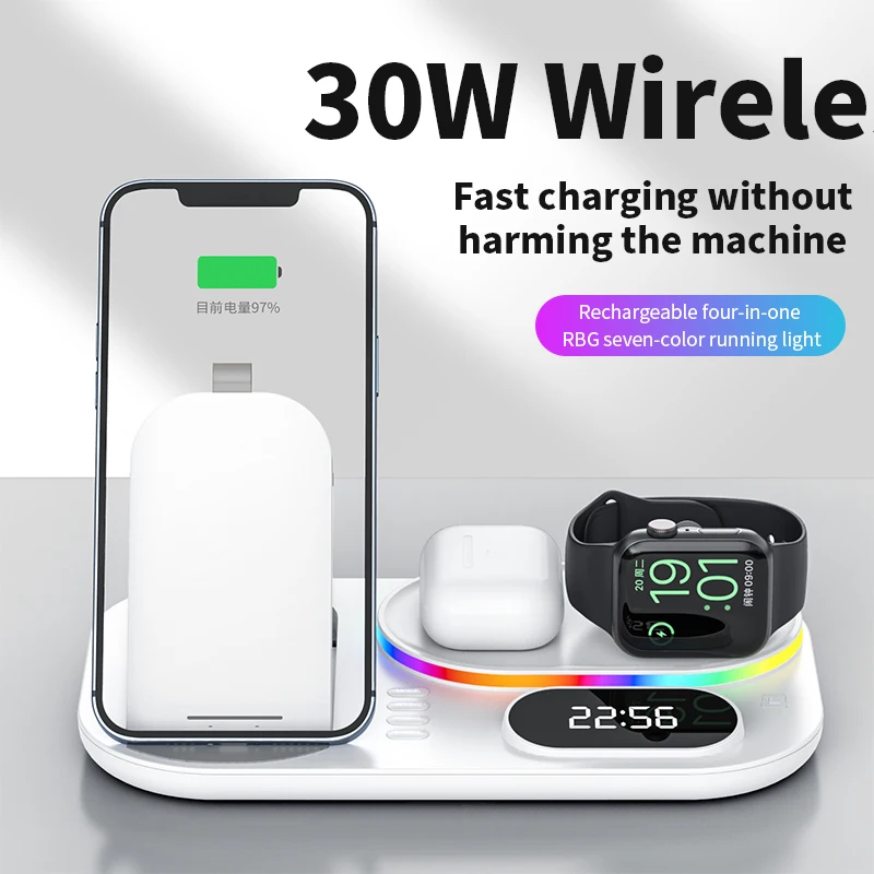 4in1 wireless charger for iphone xs 13 12 11 pro max 4in1 time clock rgb 30w fast charging station for apple watch airpods pro free global shipping