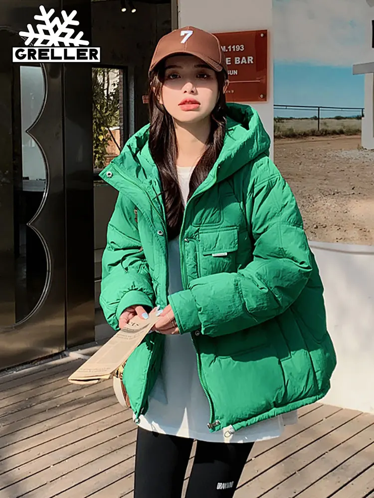 GRELLER 2022 Cotton Padded Short Parkas New Hooded Down Winter Jacket Women 6 Colors Thick Warm Winter Coat Female Outerwear