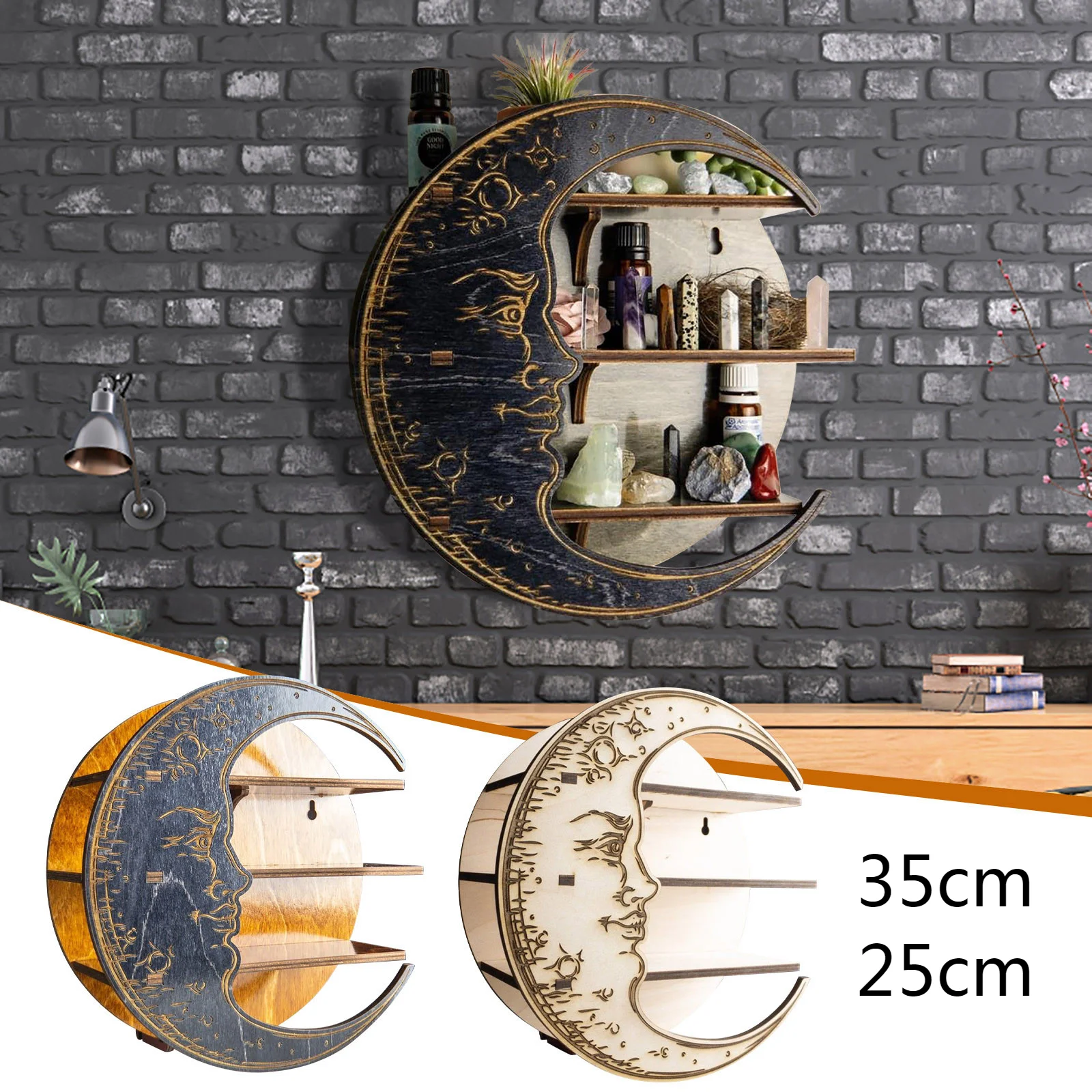 Cheap 35cm Big Wall Hanging Storage Rack Bedroom Home Decor Crystal Essential Oil Nursery Wooden Moon Shelf Room Rustic Display Rack