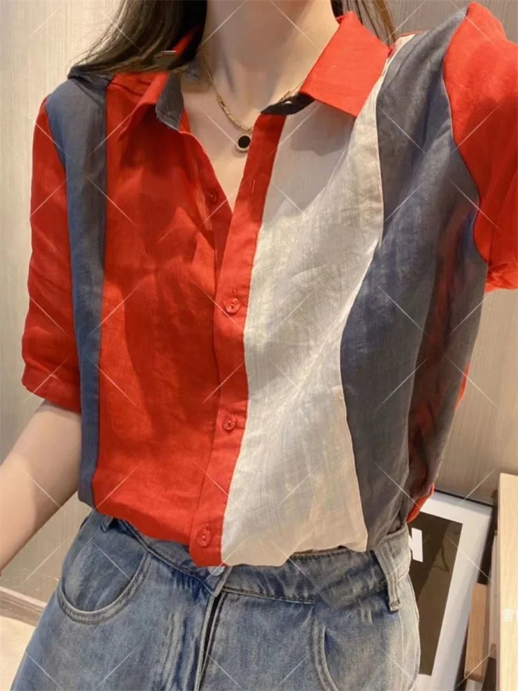 

Summer New Slim Patchwork Color Thin Women's Clothing Turn-down Collar Short Sleeve Shirts Single Breasted Office Lady Blouses