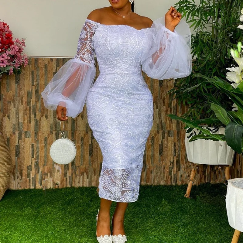 

White Long Sleeve Lace Dresses For Women 2022 African Dashiki Ankara Robe Wedding Evening Dress Vestidos Africanos Outfits
