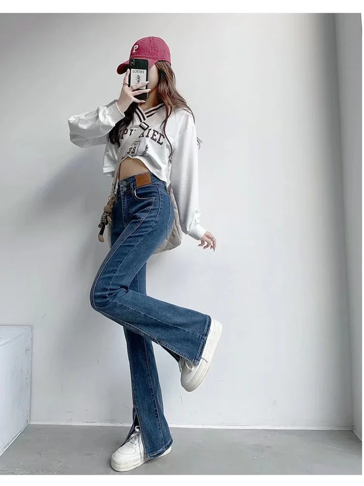 

Split Jeans Women Spring And Autumn New High-waisted Slim Fit Slim Wide-legged Micro-trumpet Mopping Pants Trendy Ins
