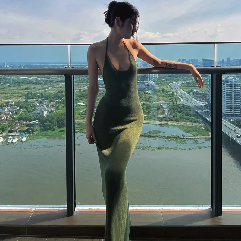 

Backless Scoop Back Long Dresses Women Flare Solid Elegant V Neck Halter Bodycon Sleeveless Glamorous Sexy Party Maxi Clothes