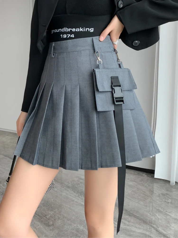 

Y2K Korean Fashion Pocket Pleated Mini Skirt Women Autumn College High Waist A-line Skirts Girls Harajuku Grey Faldas