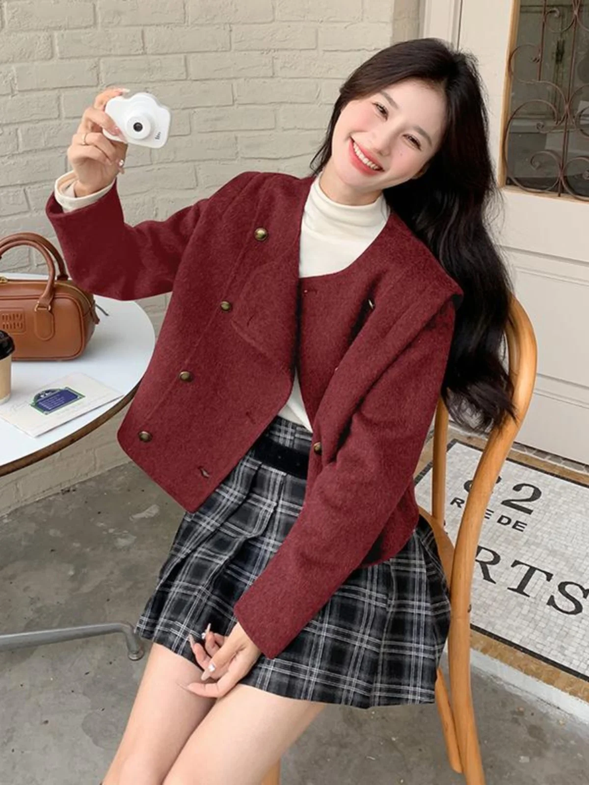 Ankela красное корейское двустороннее шерстяное пальто из ангоры женское короткое