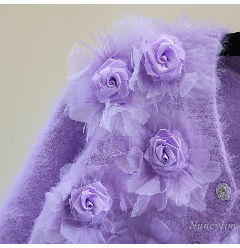 Фиолетовый кардиган для женщин вязаный из мохера с v-образным вырезом и цветочным