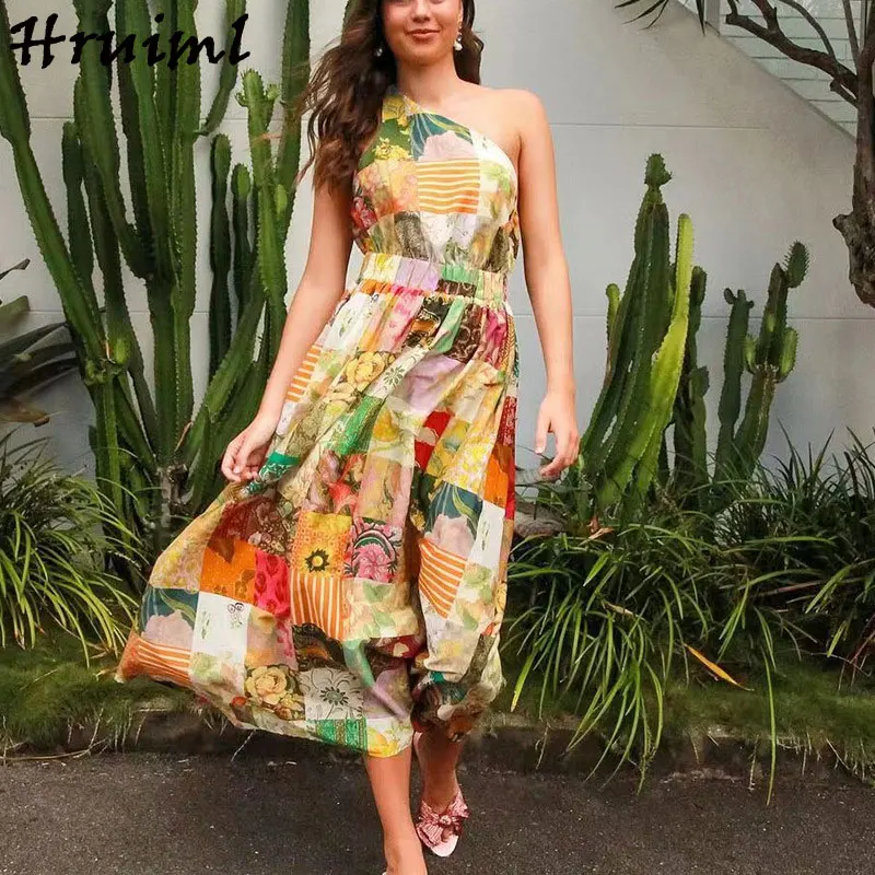 

Wholesale Dresses for Women 3XL Elegant One Shoulder Print Beach Holiday Midi Dress Fashion Casual Sweet Summer A-line Vestidos