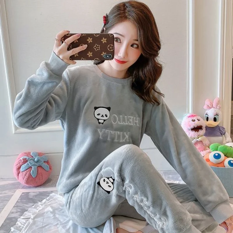 New Winter Women's Pajama Suit Warm Flannel Pajamas Coral Velvet Sleep Top Korean Fashion Home Clothes Basics