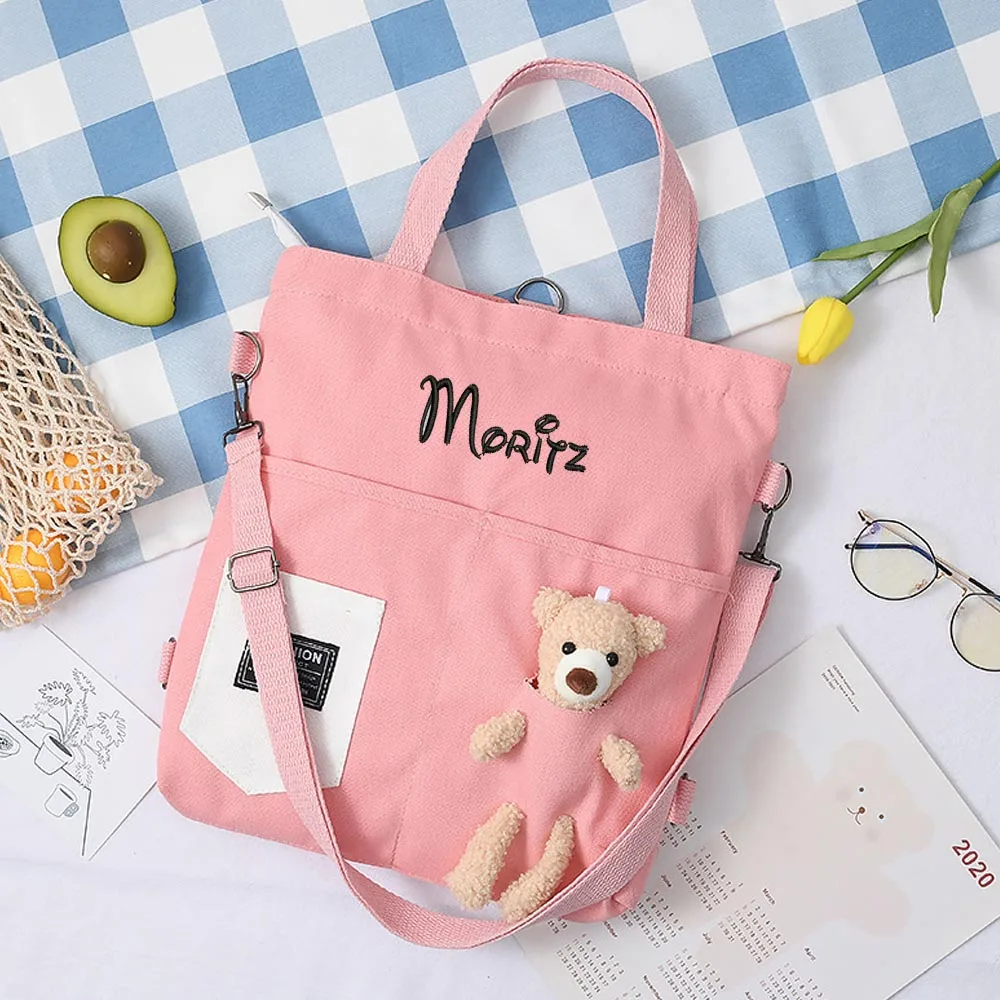 

Little Bear Doll New Canvas Large Capacity Cute Little Bear Embroidery Student Name Shoulder Skew Straddle Portable Sail Bag