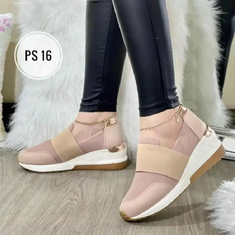 Women's Large Size Sneakers Style Thick Soled Contrast Color Light Mouth Elastic Belt European And American Casual Single Shoes
