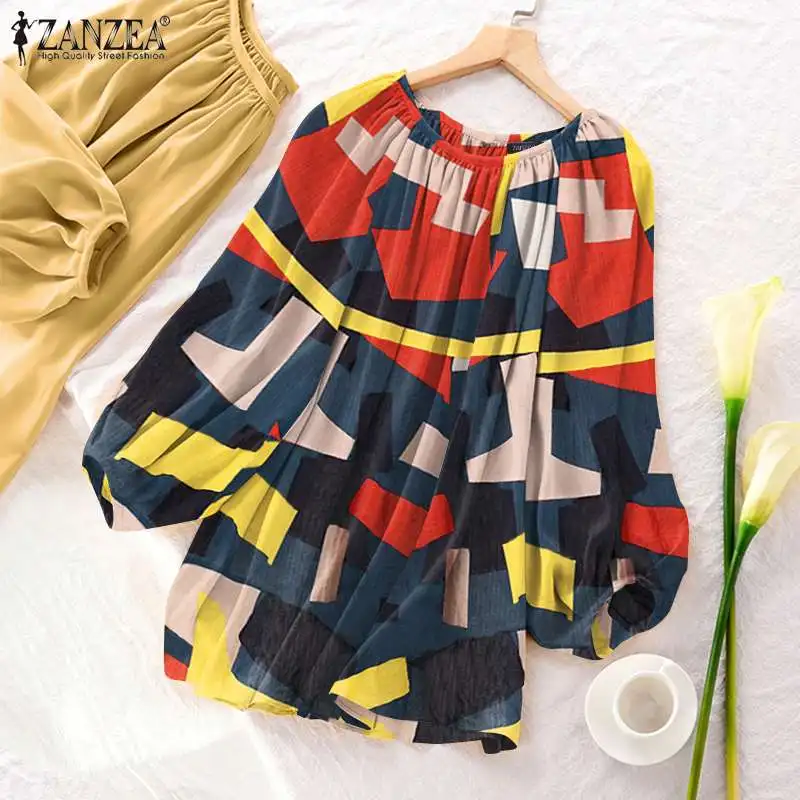 

Spring Autumn O Neck Blouse ZANZEA Vintage Long Sleeve Blusas Lady Casual Cotton Shirt Oversize Tunic Women Fashion Printed Tops