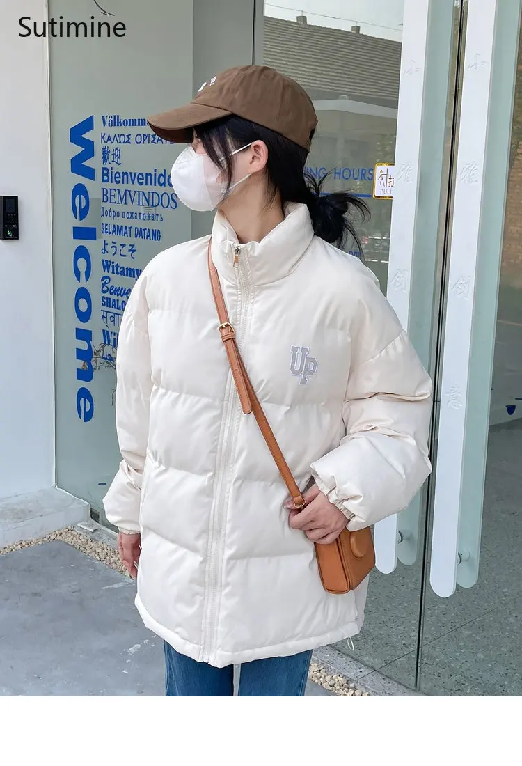 Winter Clothes Women Office Lady Pockets Color Blocked Down Cotton Coat College Style Loose Casual Coat Patch Designs Coat Women