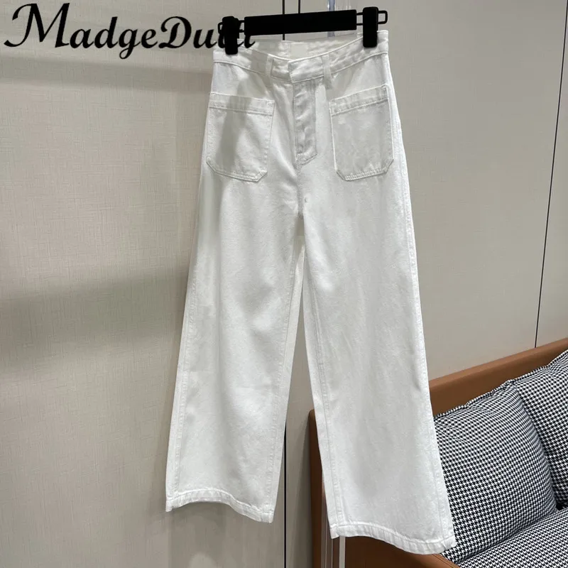 11.23 MadgeDutti Classic White Denim Multi-Pockets Design High Waist Loose Wide Leg Jeans Women