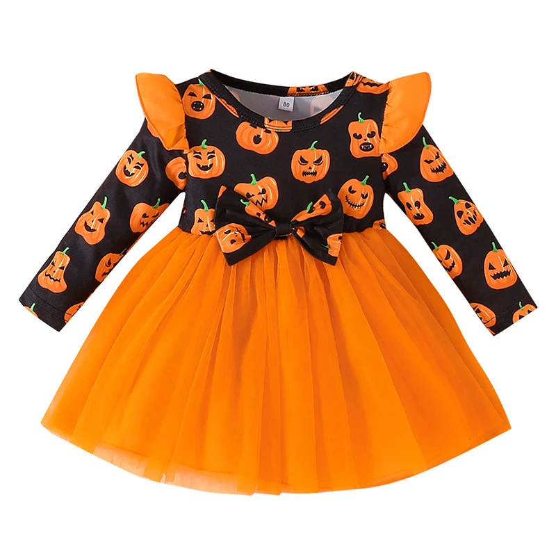 

Halloween Kids Party Dresses Long sleeved Cotton Printing Mesh Splicing Baby Girls Dress Halloween Cosplay Clothing