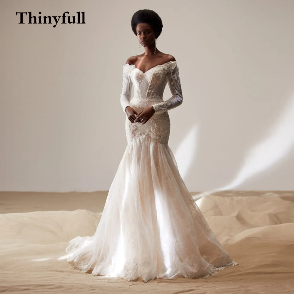 

Современное длинное кружевное платье-Русалка с цветочным принтом, свадебные платья с длинным рукавом, платье невесты для милой принцессы, п...