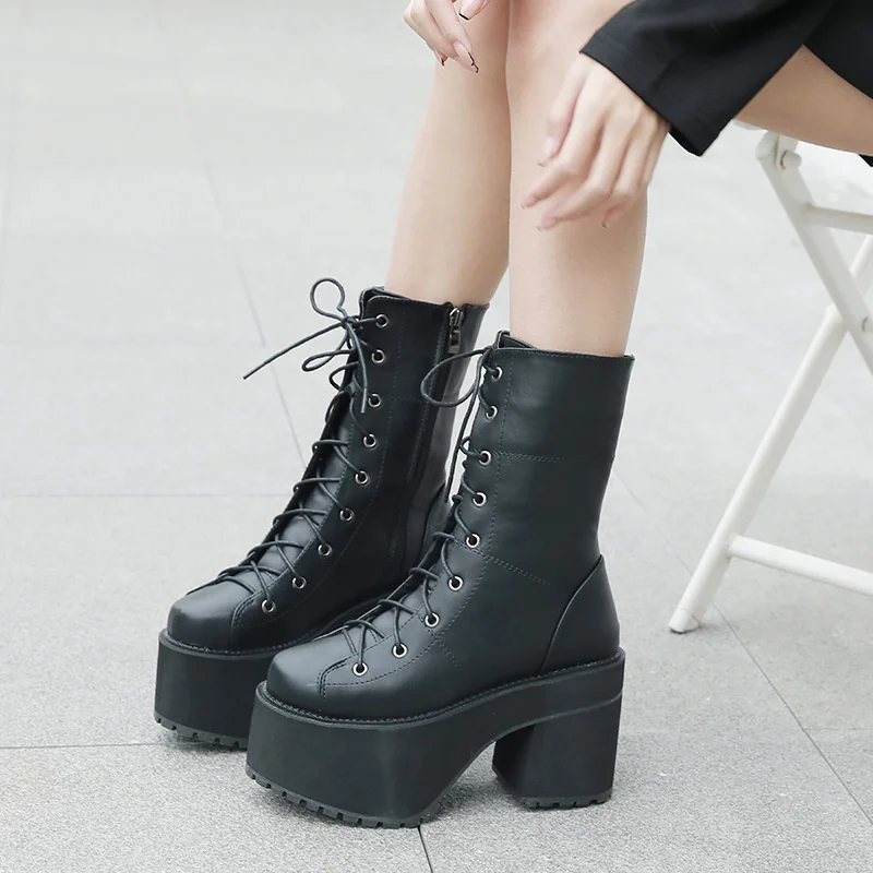 

Platform Martin Boots Thick High Heel Round Toe Lace Up Ladies Shoes Short Plush Women's Boots Punk Fashion Ankle Boots