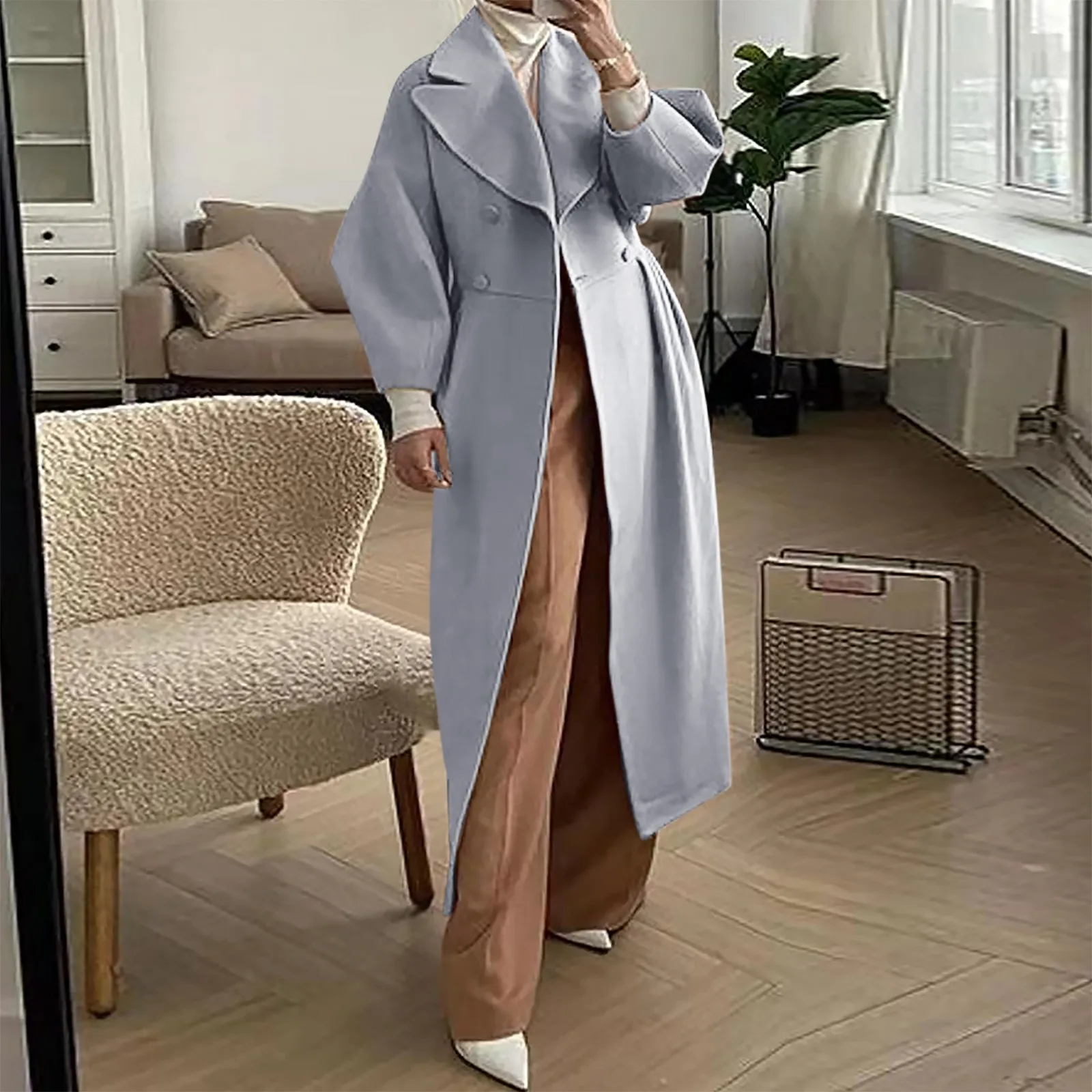 

Loose Turn-down Collar Long Jackets Female Outwear Elegant Casual Autumn Winter Office Wear Long Sleeve Wool Coat Women Overcoat