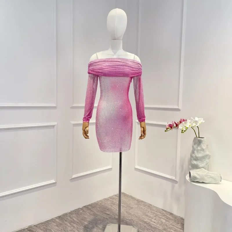 

2023 Summer New High Quality Sexy Pink Sequins Chest Wrapping Slash Neck Dress for Women