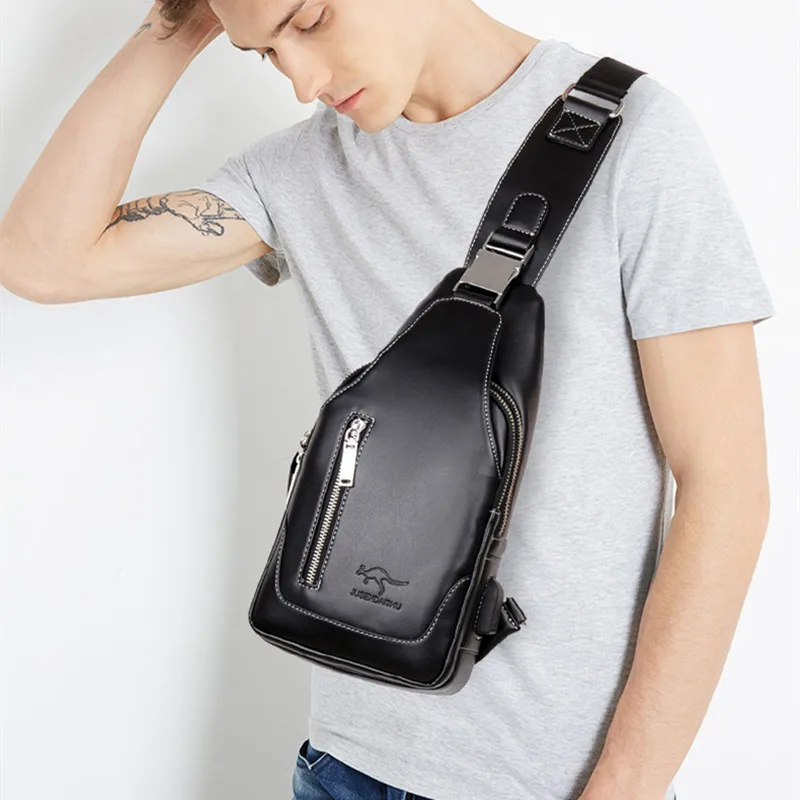 Fashion Men USB Charging Shoulder Bag Vintage PU Leather Crossbody Messenger Bag Male Trendy Sports Sling Bag