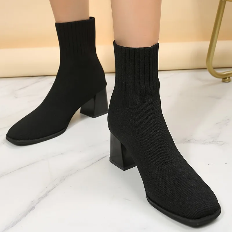 

Эластичные ботинки-носки для женщин, модная обувь, вязаная обувь на высоком квадратном каблуке, эластичные хлопковые ботинки, женская обувь